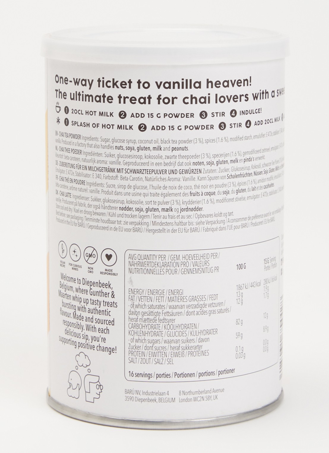 Barú Vanille Chai Latte losse thee 250 gram - voorkant 2 orange