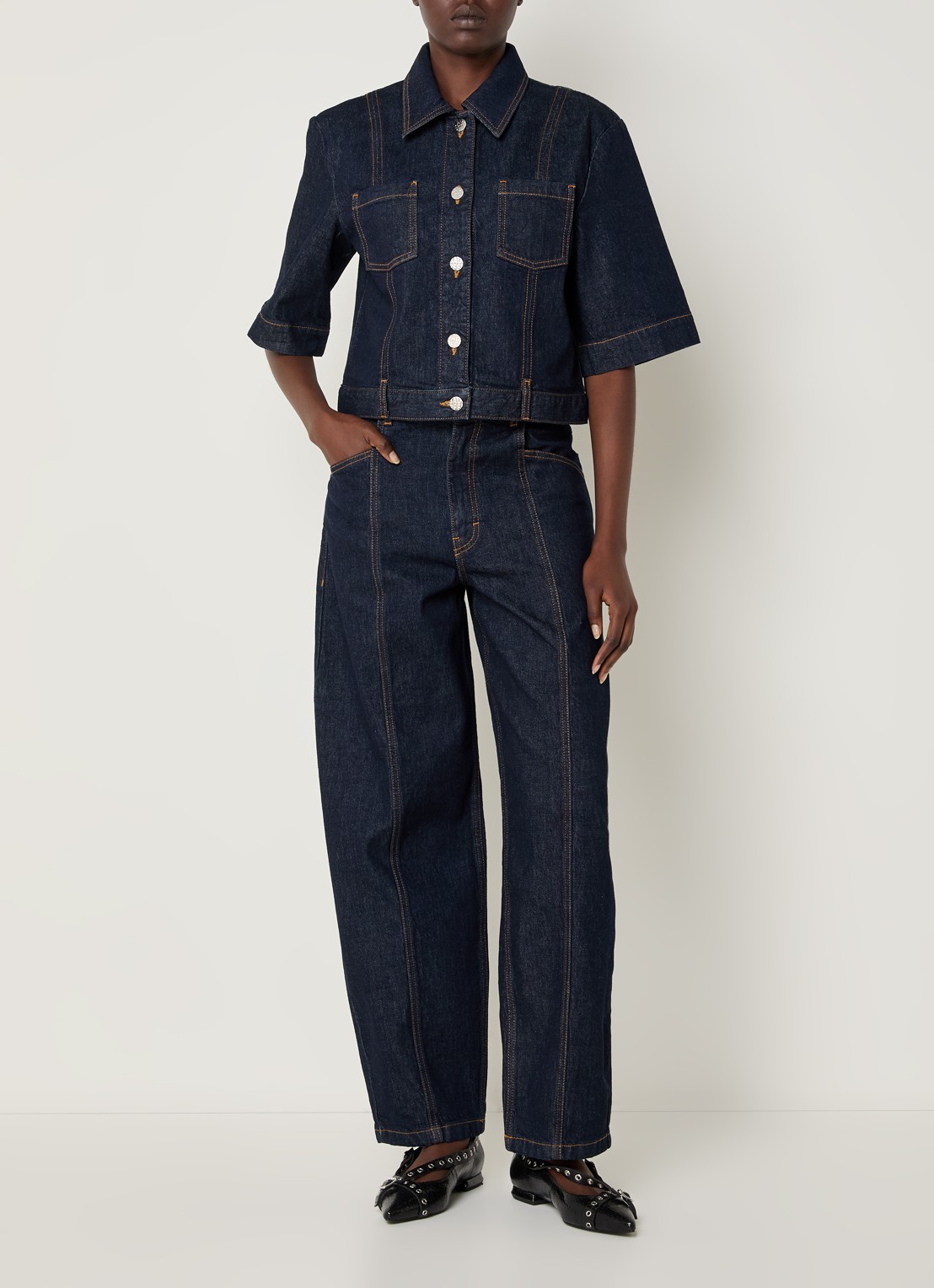 Baum und Pferdgarten Blouse van denim met borstzakken - voorkant 3 donkerblauw