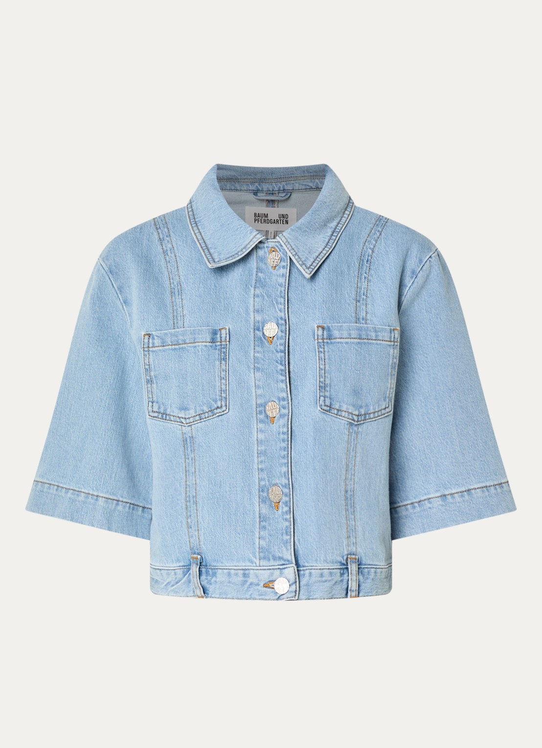 Baum und Pferdgarten Blouse van denim met borstzakken - voorkant 2 lichtblauw