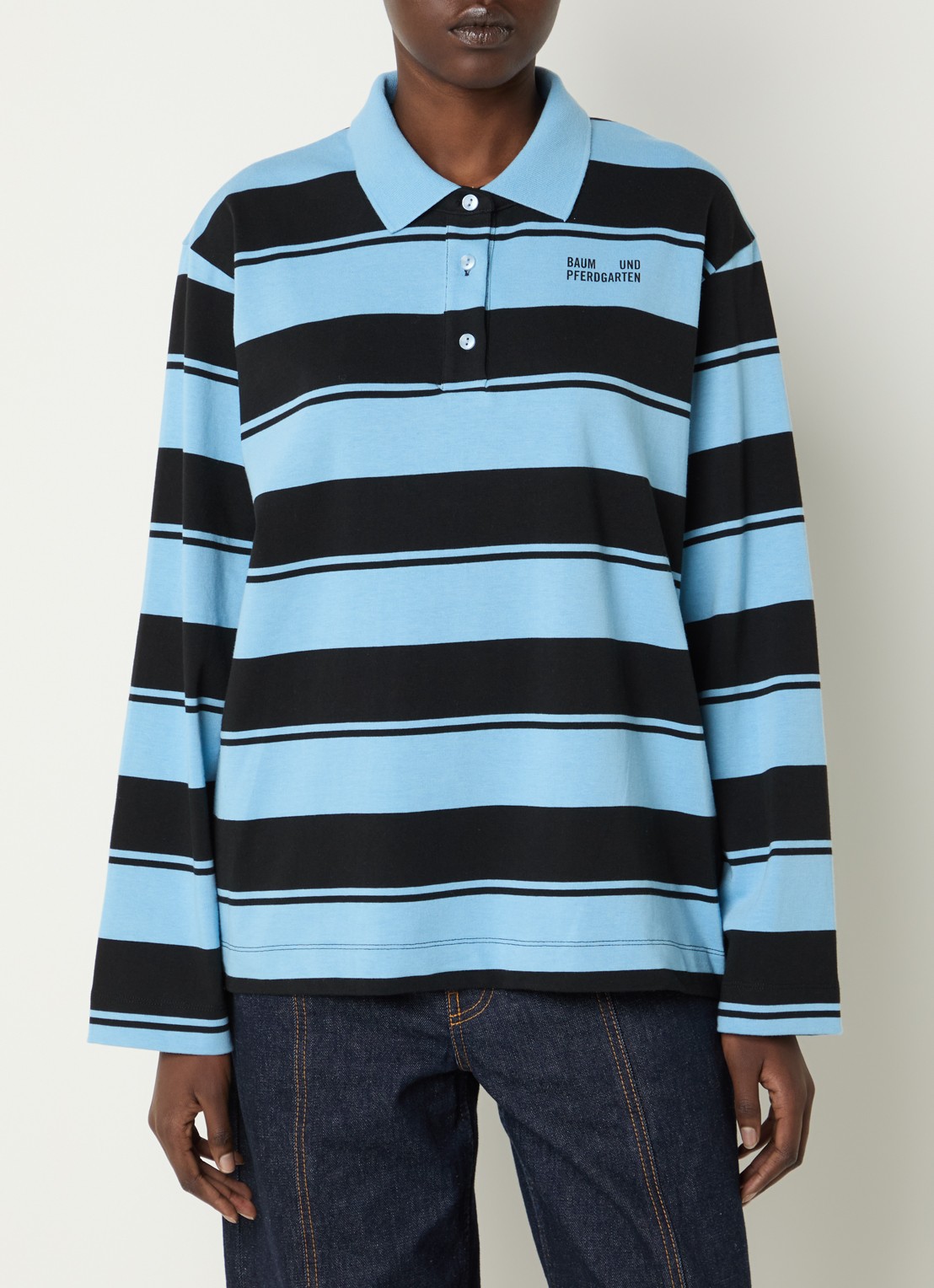 Baum und Pferdgarten Jeanne longsleeve met streepprint en polokraag - detail aquablauw