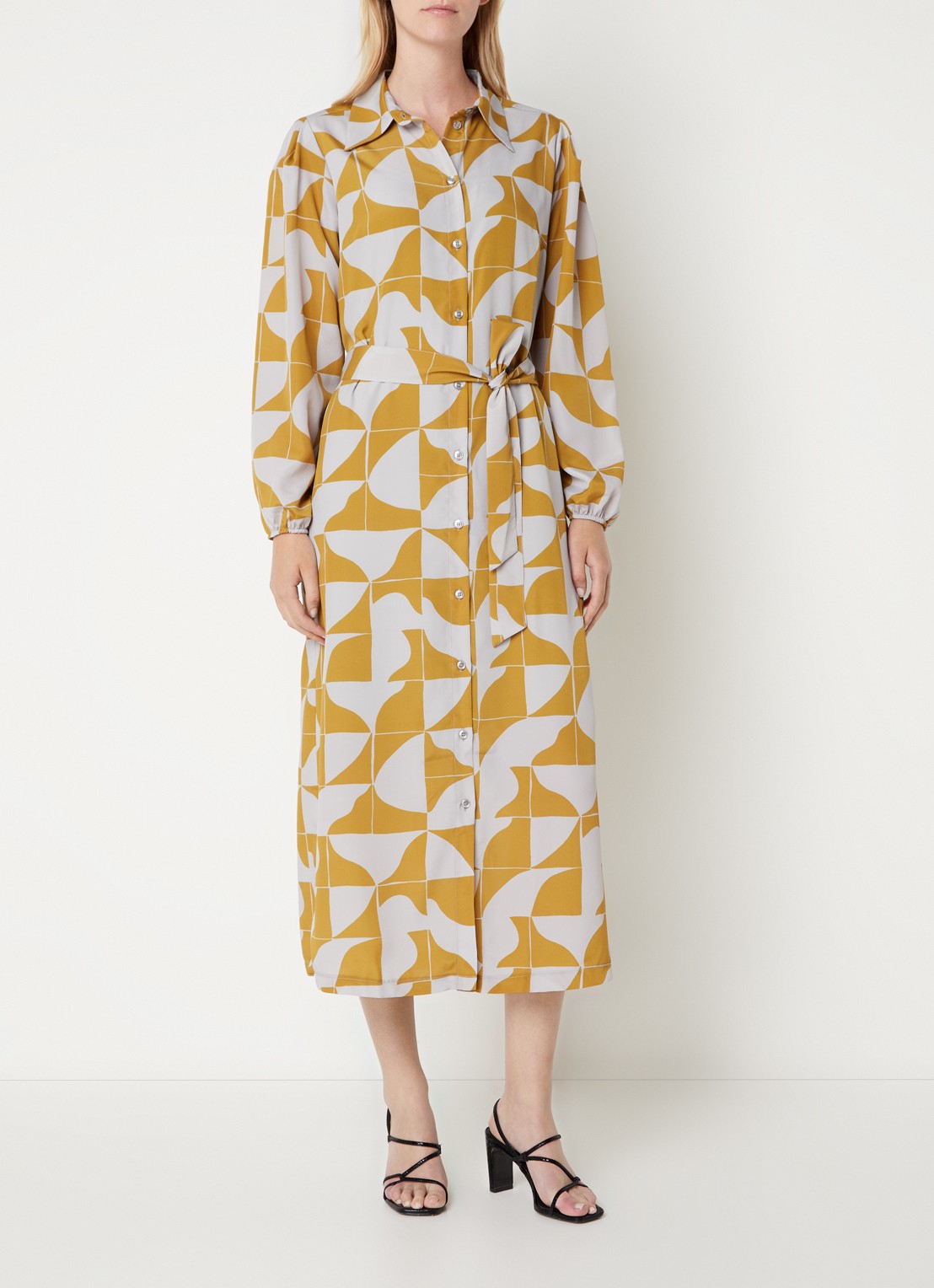 Beaumont Breezy midi blousejurk met strikceintuur en print - detail 4 mosterd