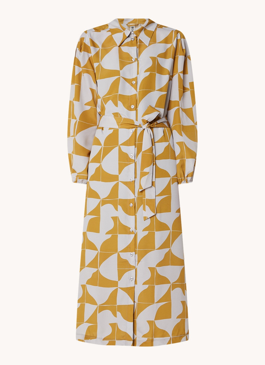Beaumont Breezy midi blousejurk met strikceintuur en print - voorkant 2 mosterd