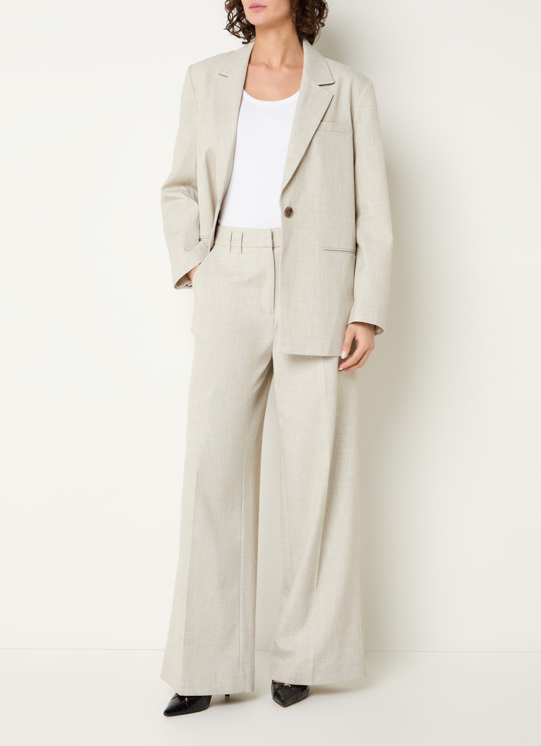 Beaumont Doug high waist wide fit pantalon met gemêleerd dessin - voorkant 4 beige
