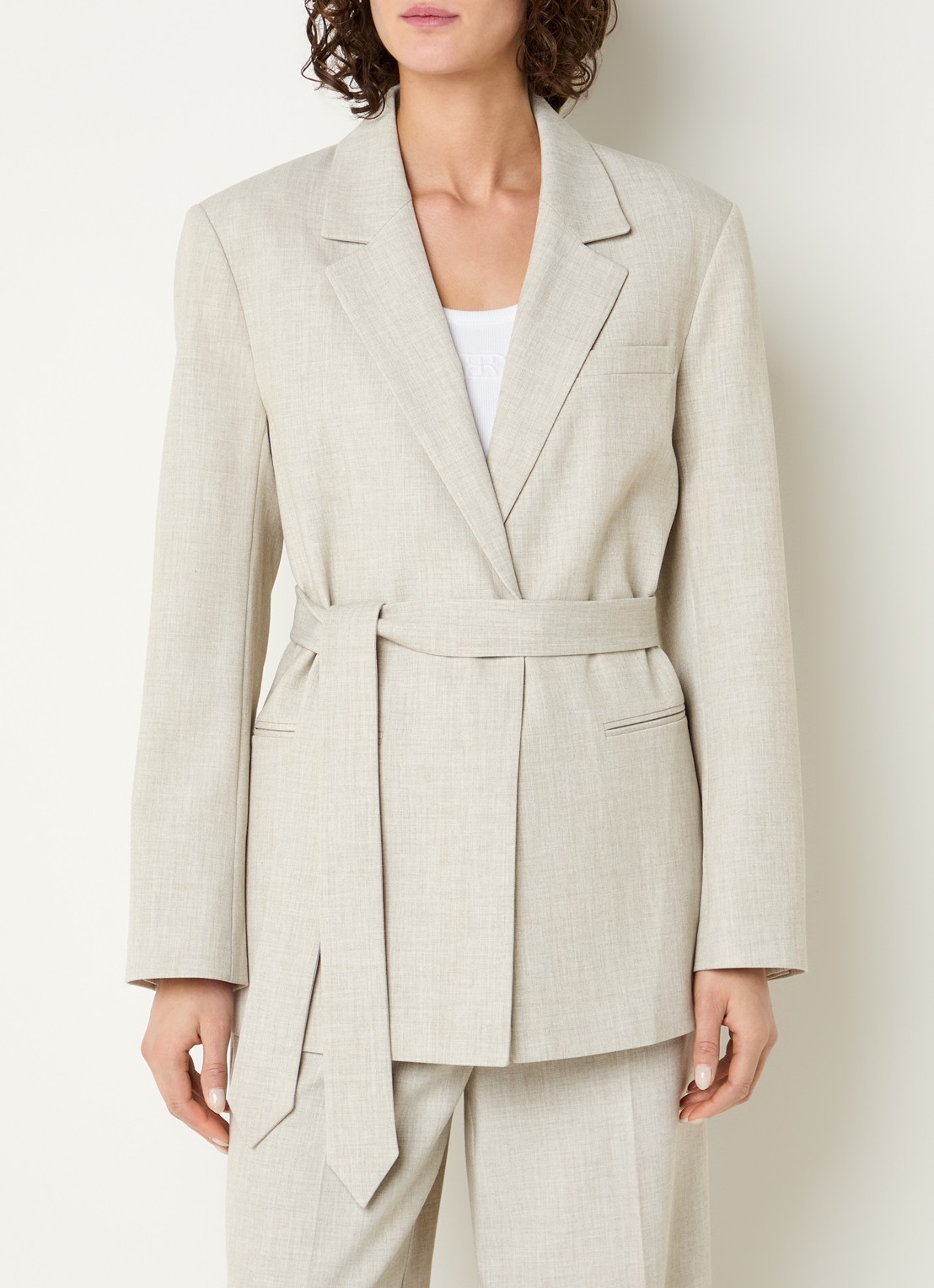 Beaumont Grenoble single-breasted blazer met gemêleerd dessin en strikceintuur - detail 4 beige