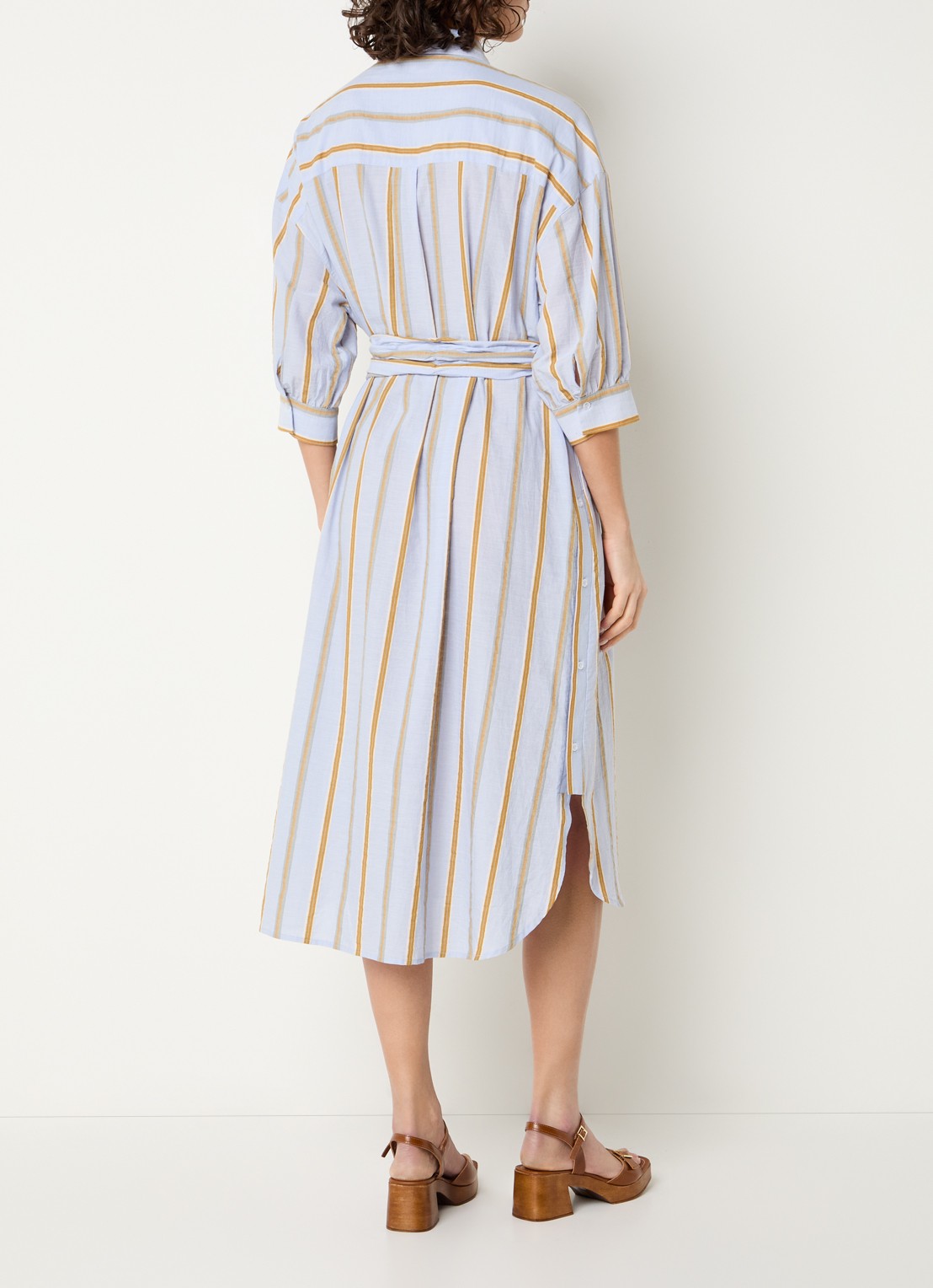 Beaumont India midi blousejurk met streepprint en strikceintuur - achterkant 3 blauwgrijs