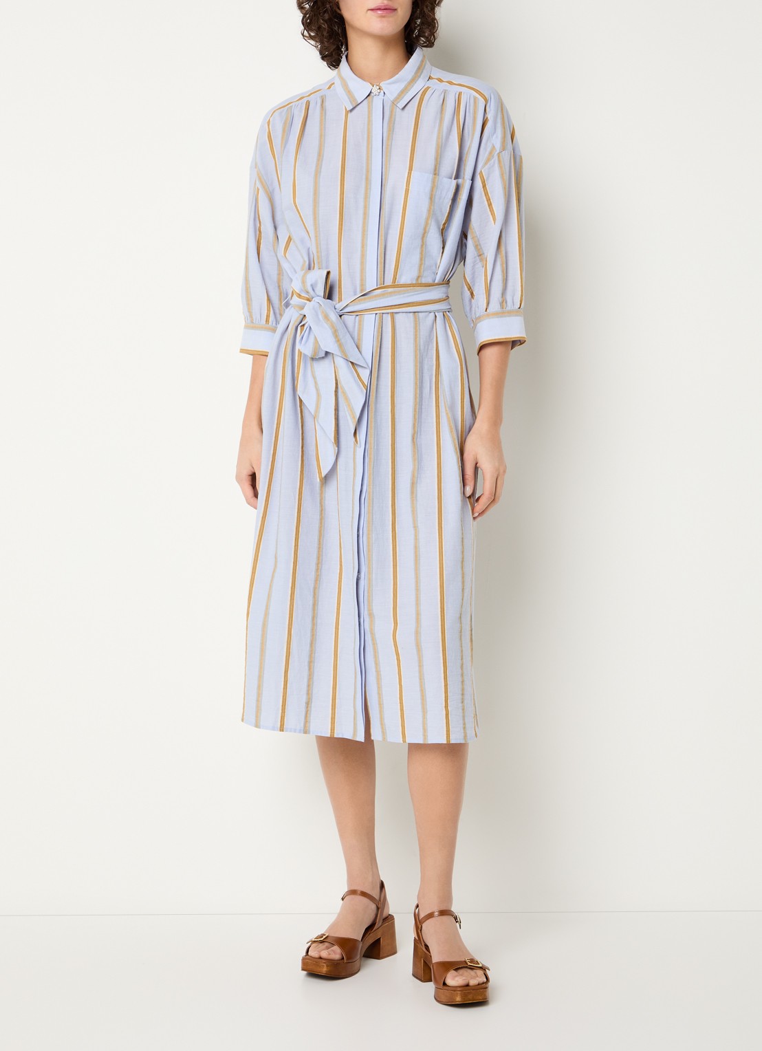 Beaumont India midi blousejurk met streepprint en strikceintuur - detail 4 blauwgrijs