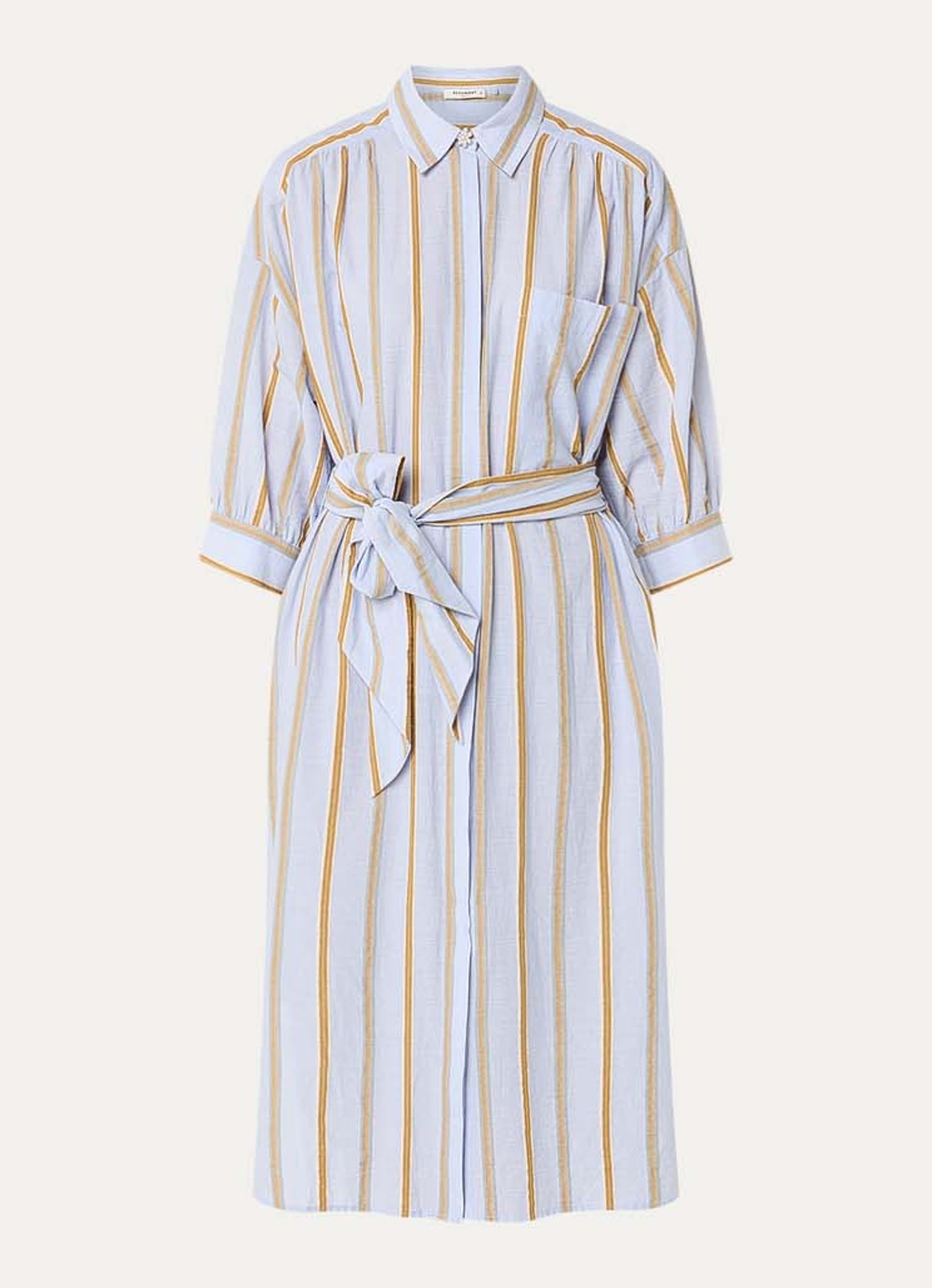 Beaumont India midi blousejurk met streepprint en strikceintuur - voorkant blauwgrijs