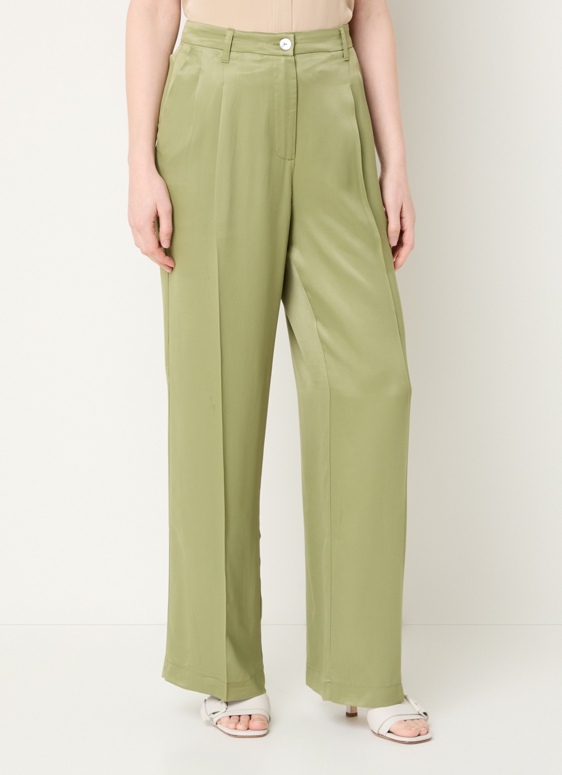 Beaumont James high waist wide fit pantalon van satijn met steekzakken - detail 4 mosgroen