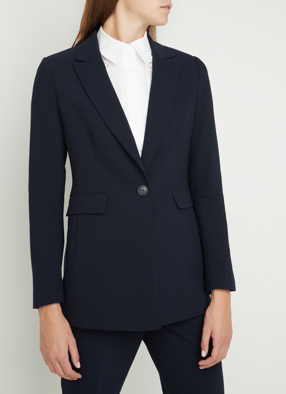 Beaumont Longline blazer van crêpe met klepzakken - detail donkerblauw