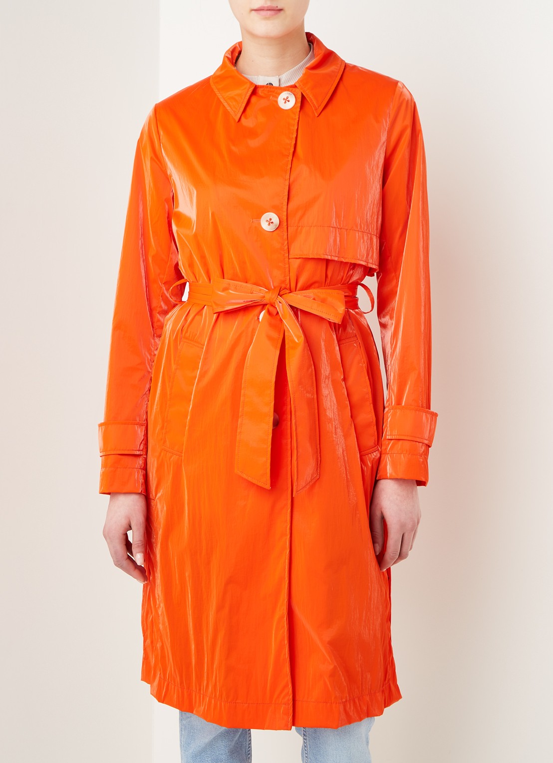 Beaumont Trenchcoat met strikceintuur en steekzakken - detail orange