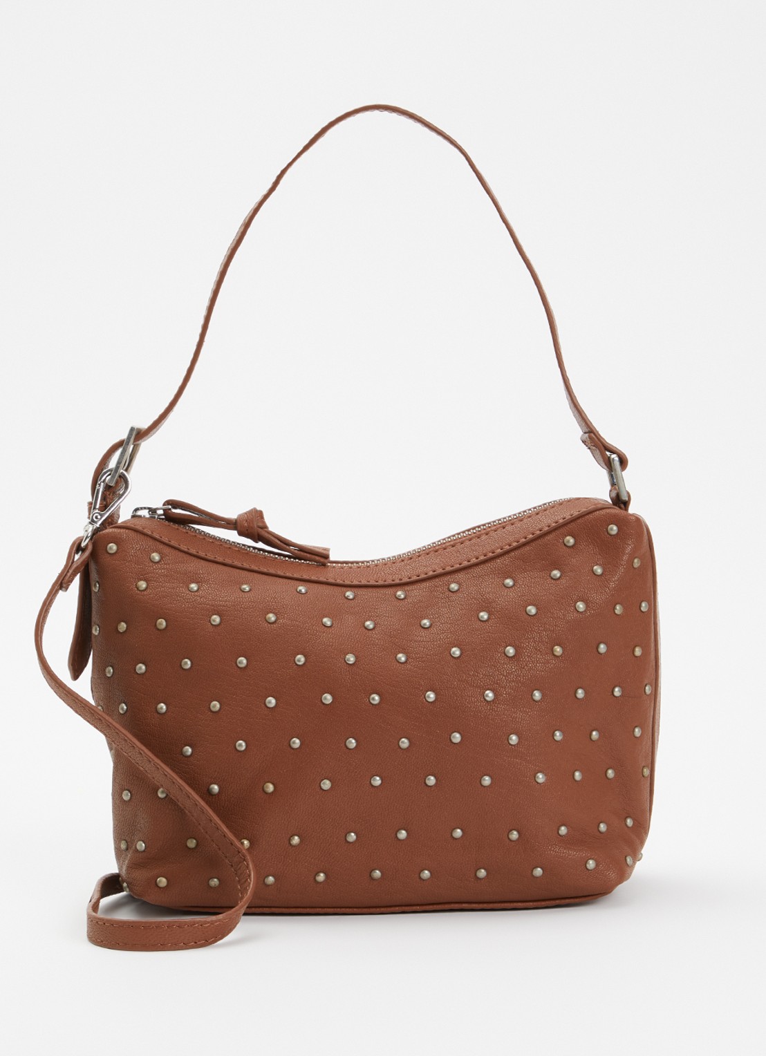 Becksöndergaard Schoudertas van leer met studs en afneembare schouderriem - voorkant cognac