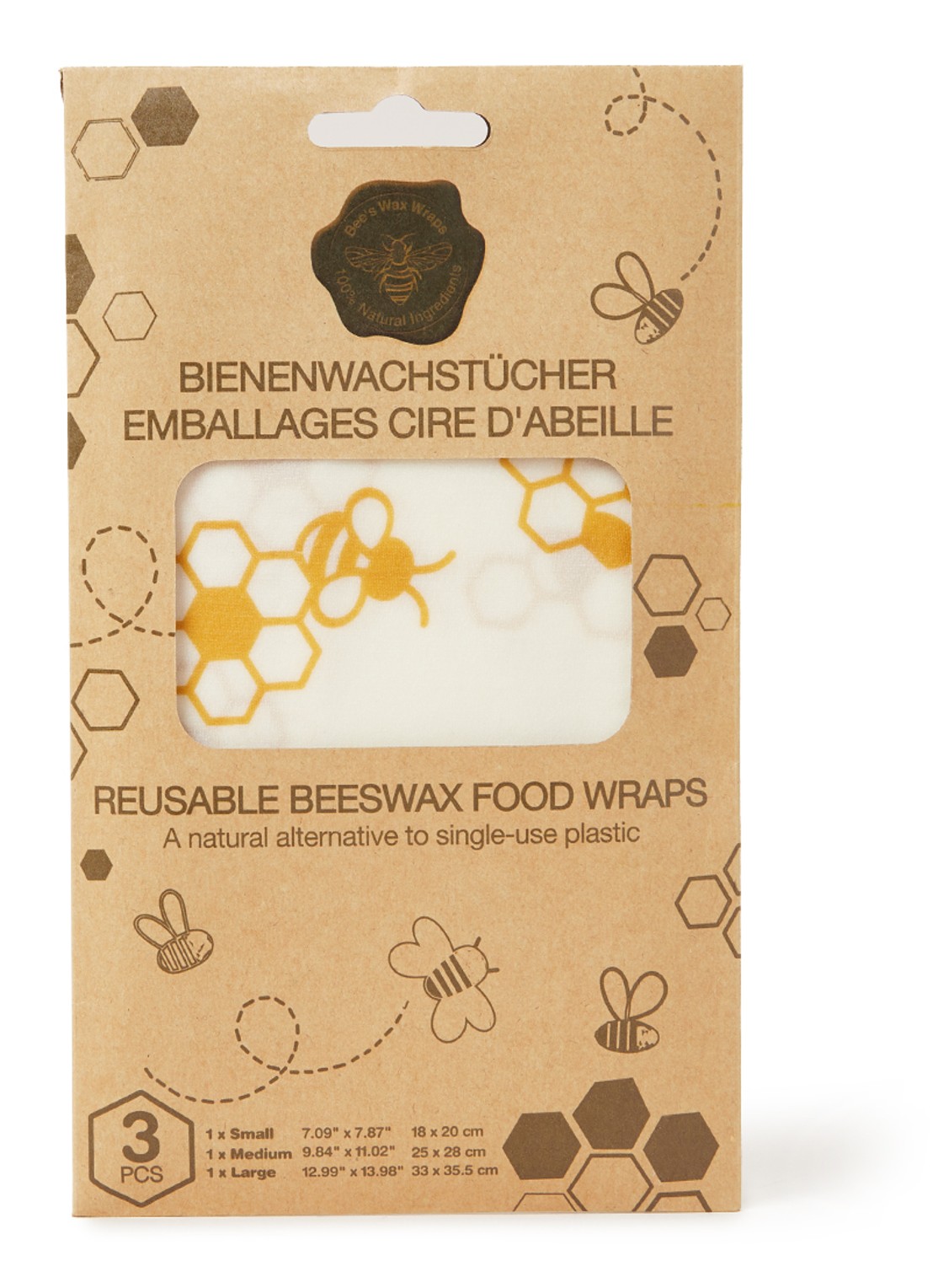 Bee's Wax Beeswax herbruikbare bijenwasdoek set van 3 - voorkant wit