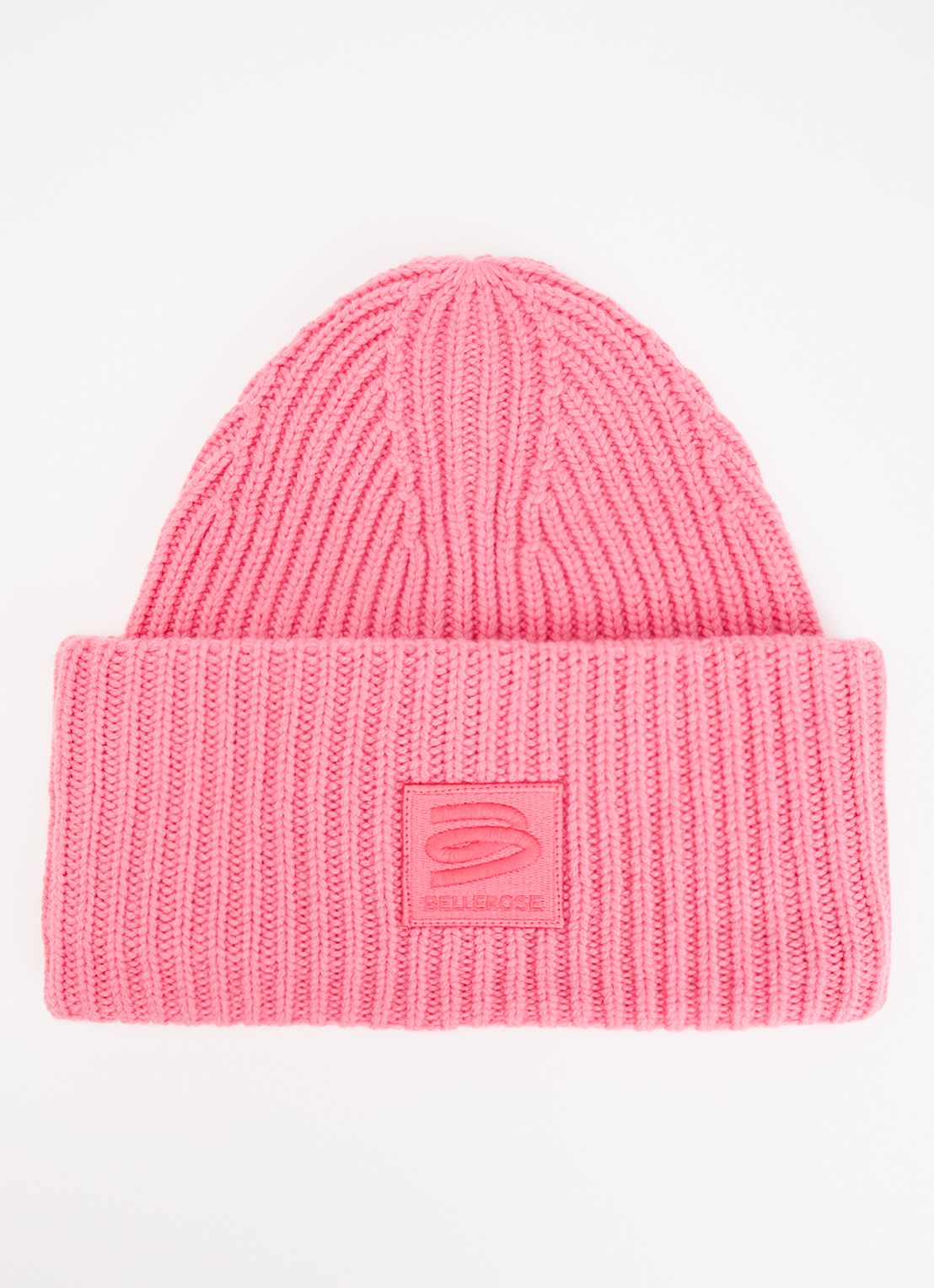 Bellerose Deice ribgebreide muts van merino wol met borduring - voorkant roze