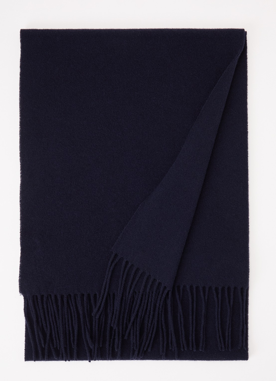 Bellerose Mutch sjaal van wol met franjes 200 x 35 cm - voorkant donkerblauw