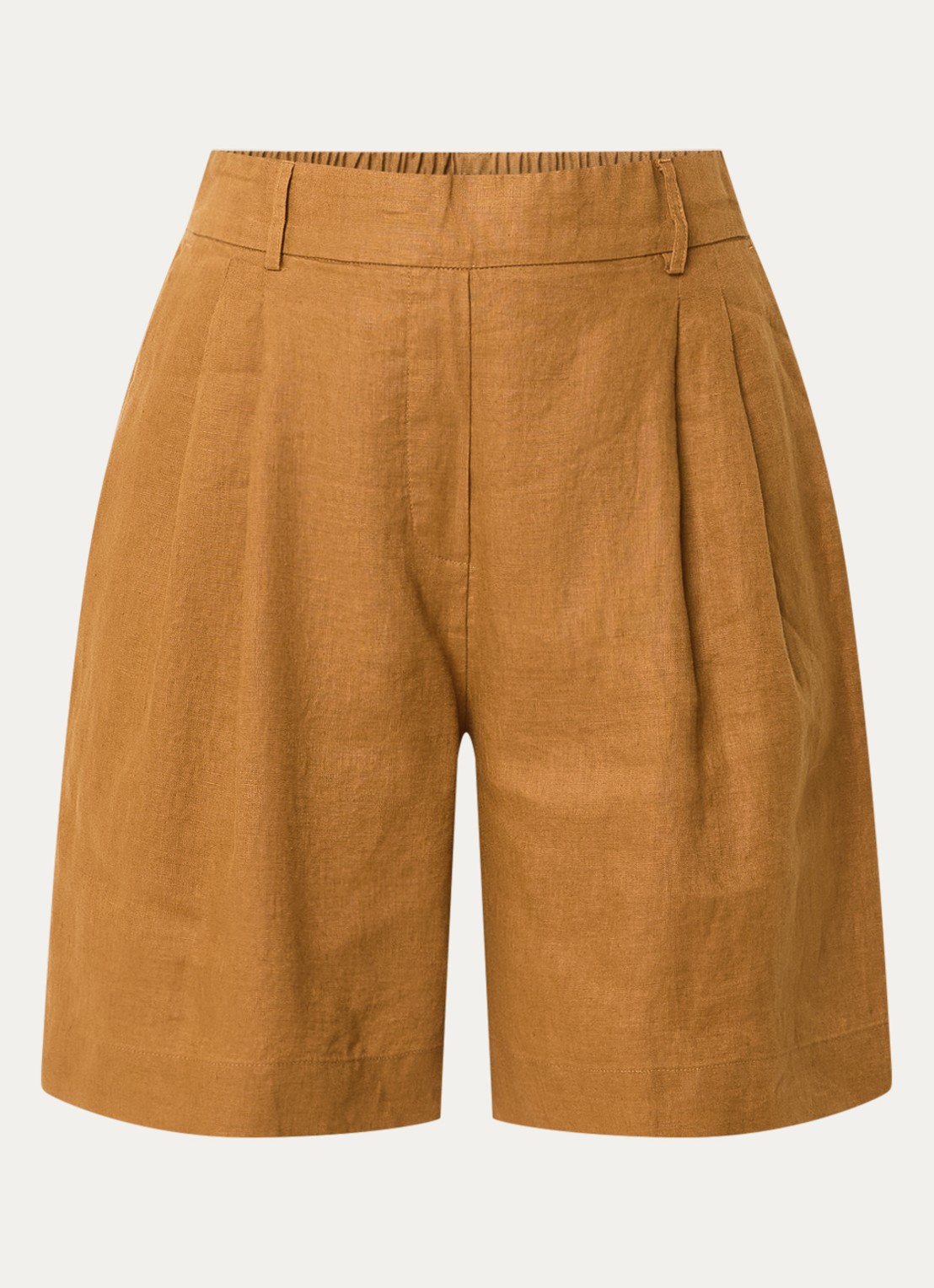 Benetton Bermuda high waist loose fit korte broek van linnen - voorkant camel
