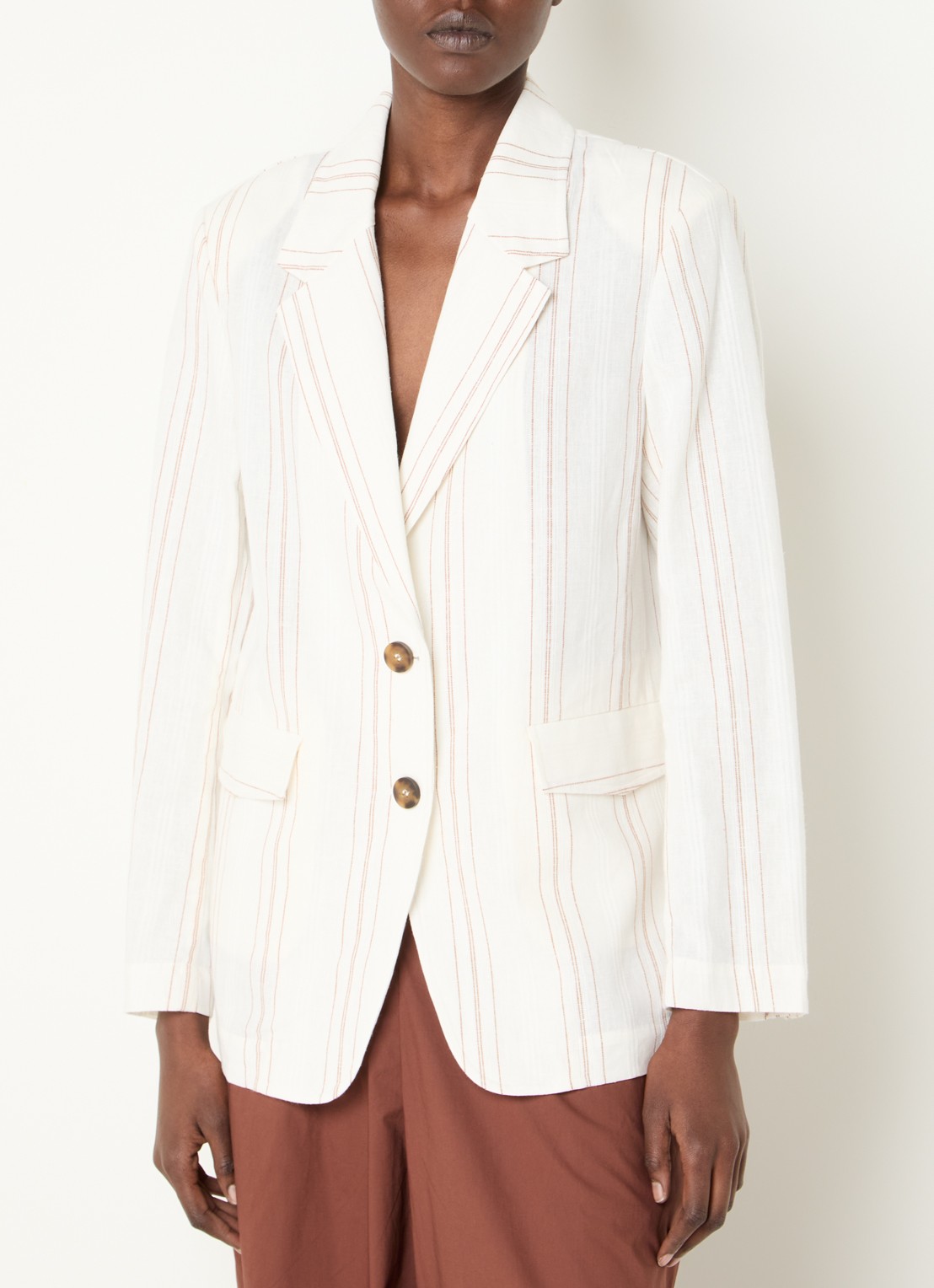 Benetton Blazer in linnenblend met streepprint en klepzakken - detail 4 creme