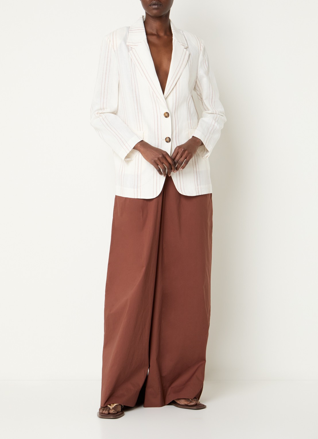 Benetton Blazer in linnenblend met streepprint en klepzakken - voorkant 3 creme