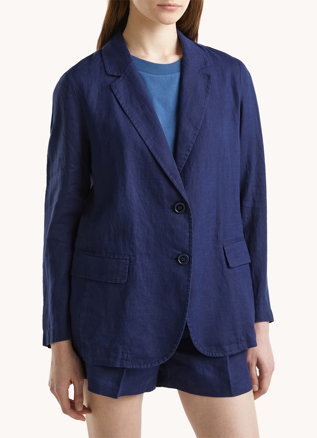 Benetton Blazer van linnen met klepzakken - detail donkerblauw