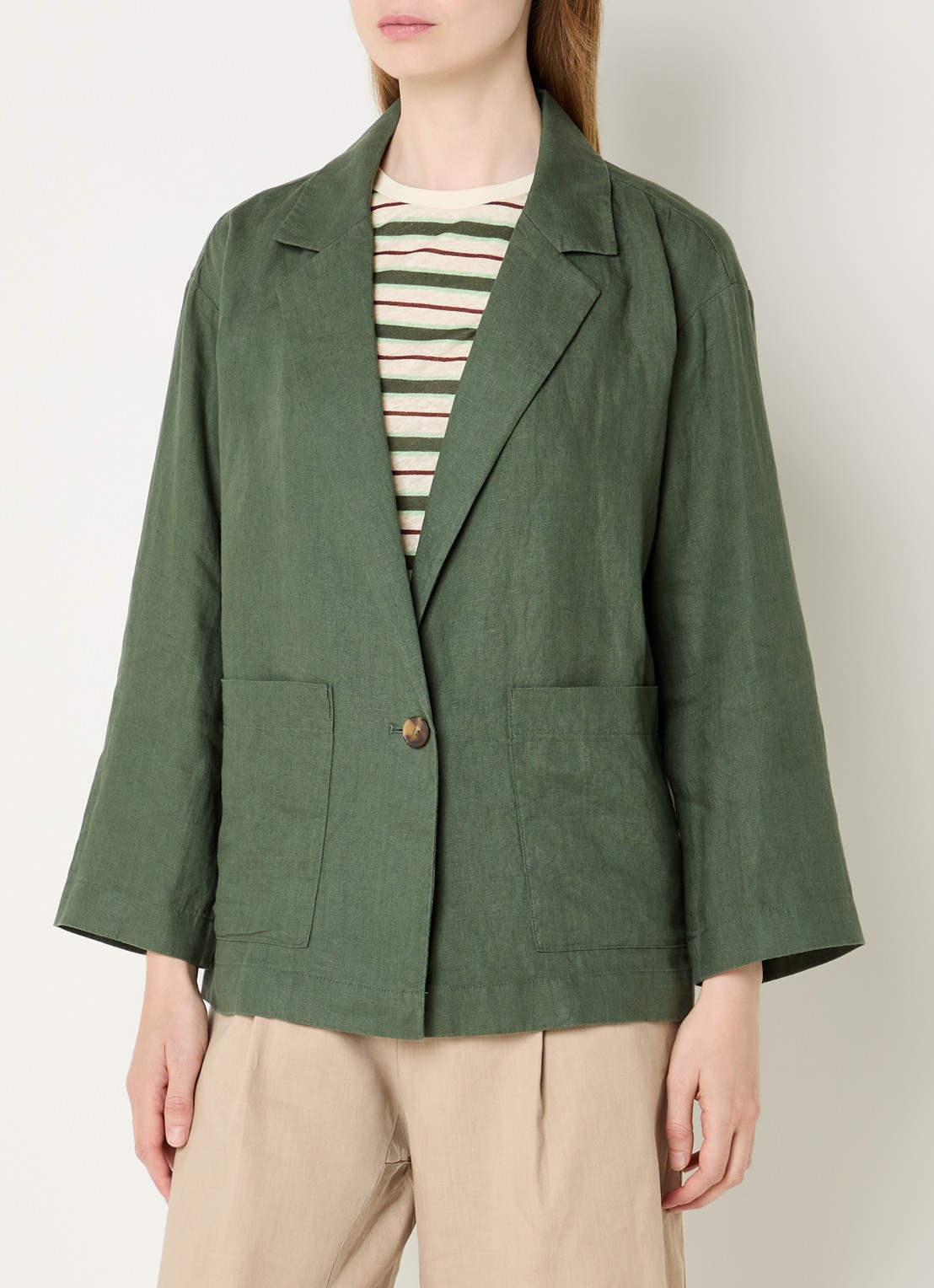 Benetton Blazer van linnen met opgestikte zakken - detail 4 legergroen