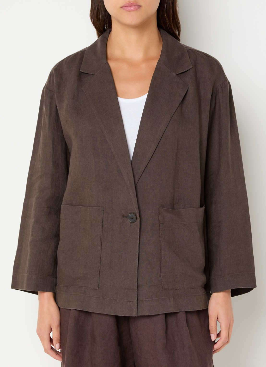Benetton Blazer van linnen met opgestikte zakken - detail bruin