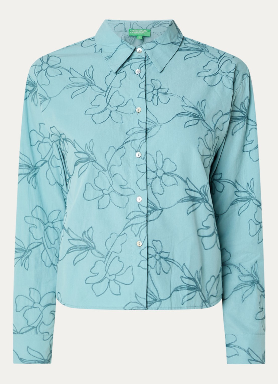 Benetton Blouse met broderie en kraag - voorkant zeegroen