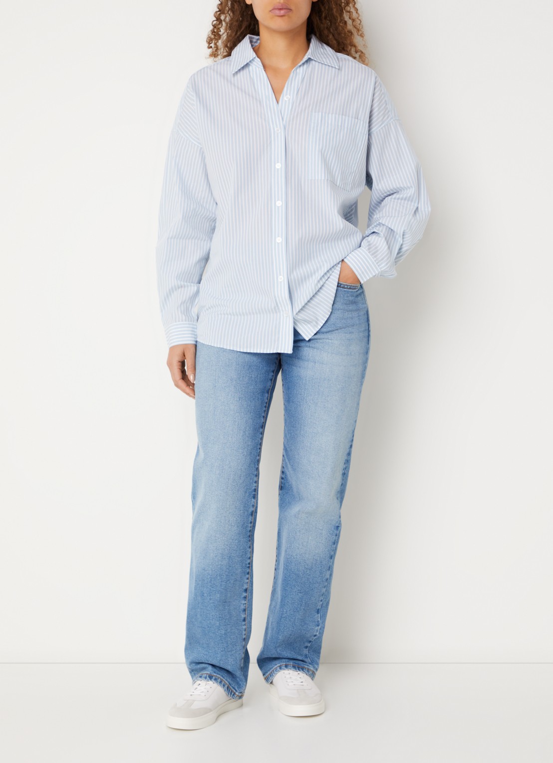 Benetton Blouse met streepprint en borstzak - voorkant 4 lichtblauw