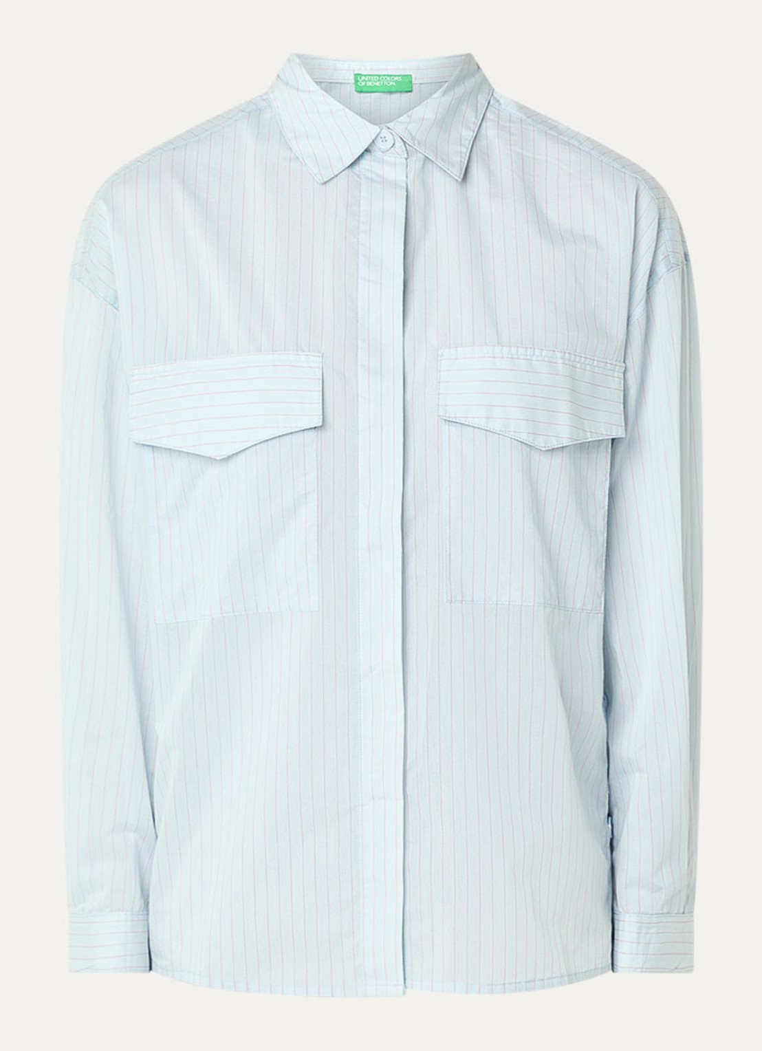 Benetton Blouse met streepprint en klepzakken - voorkant lichtblauw