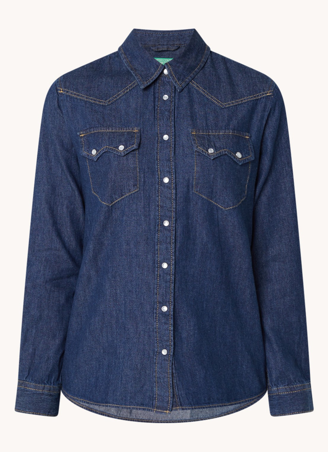 Benetton Blouse van chambray met borstzakken - voorkant indigo