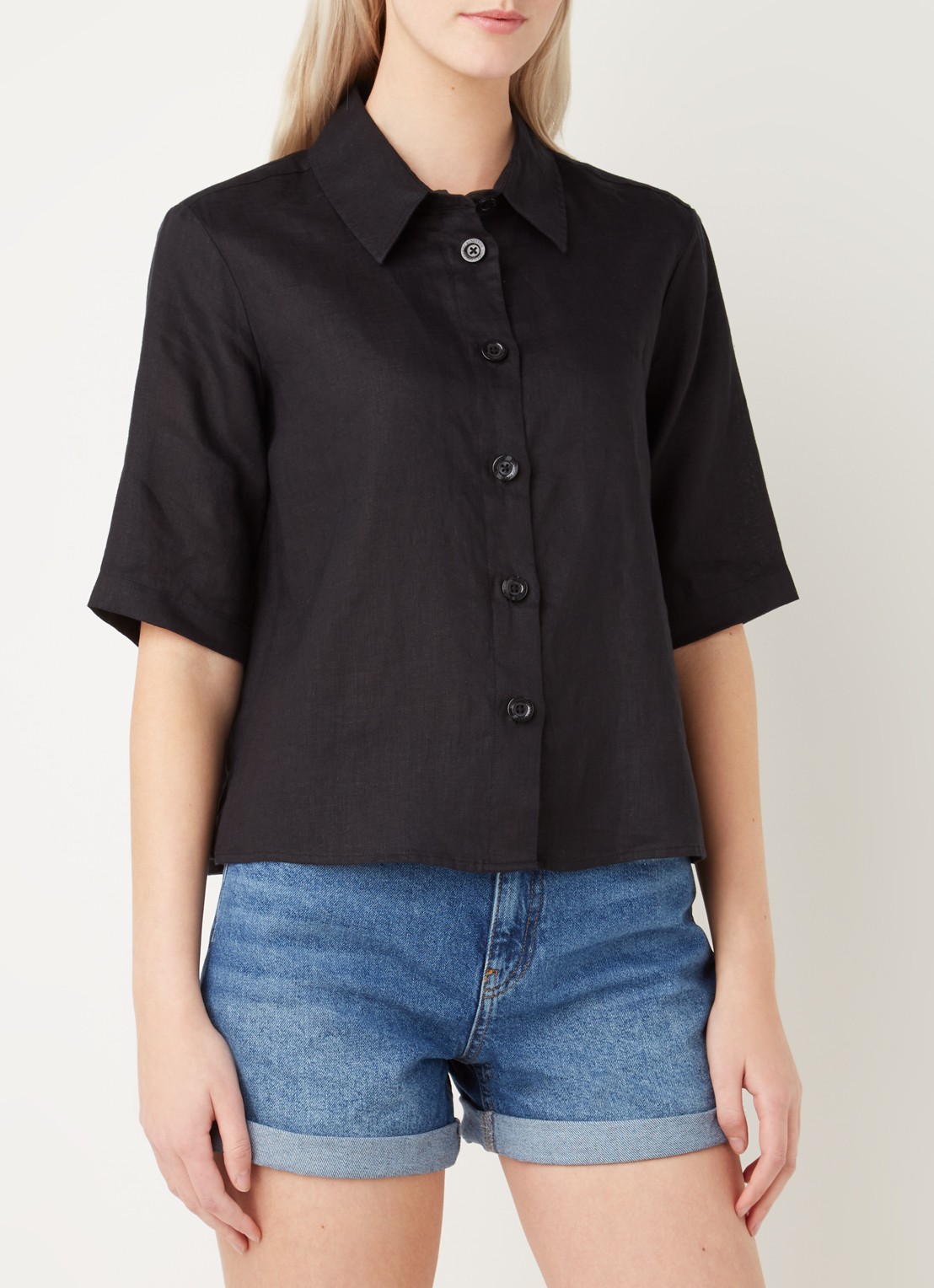 Benetton Blouse van linnen met halflange mouw - detail 4 zwart