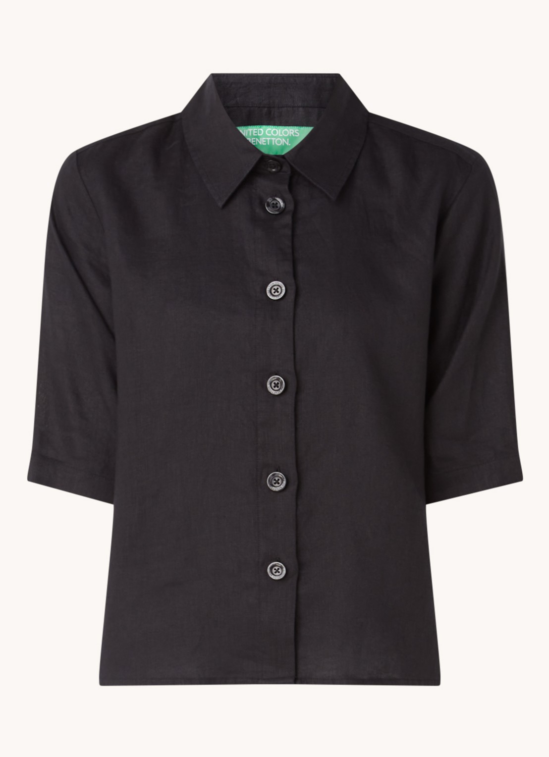 Benetton Blouse van linnen met halflange mouw - voorkant zwart