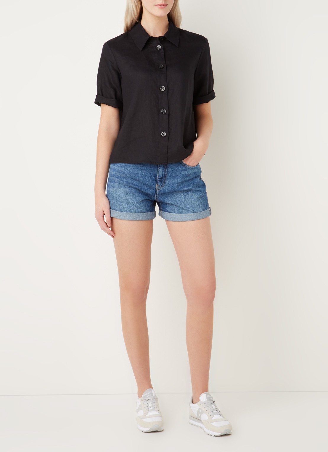 Benetton Blouse van linnen met halflange mouw - voorkant 2 zwart