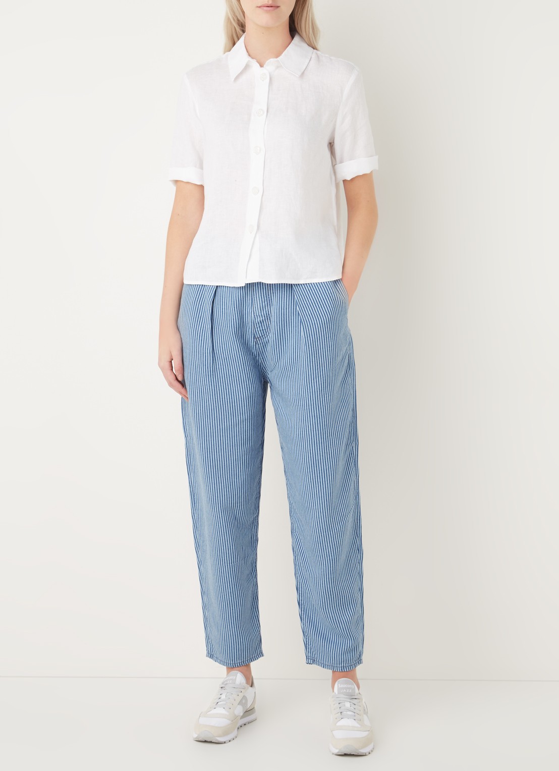 Benetton Blouse van linnen met halflange mouw - voorkant 2 gebroken wit
