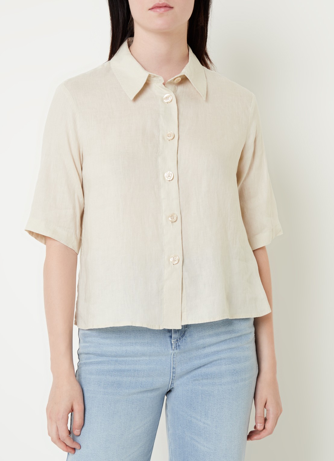 Benetton Blouse van linnen met halflange mouw - detail 4 zand
