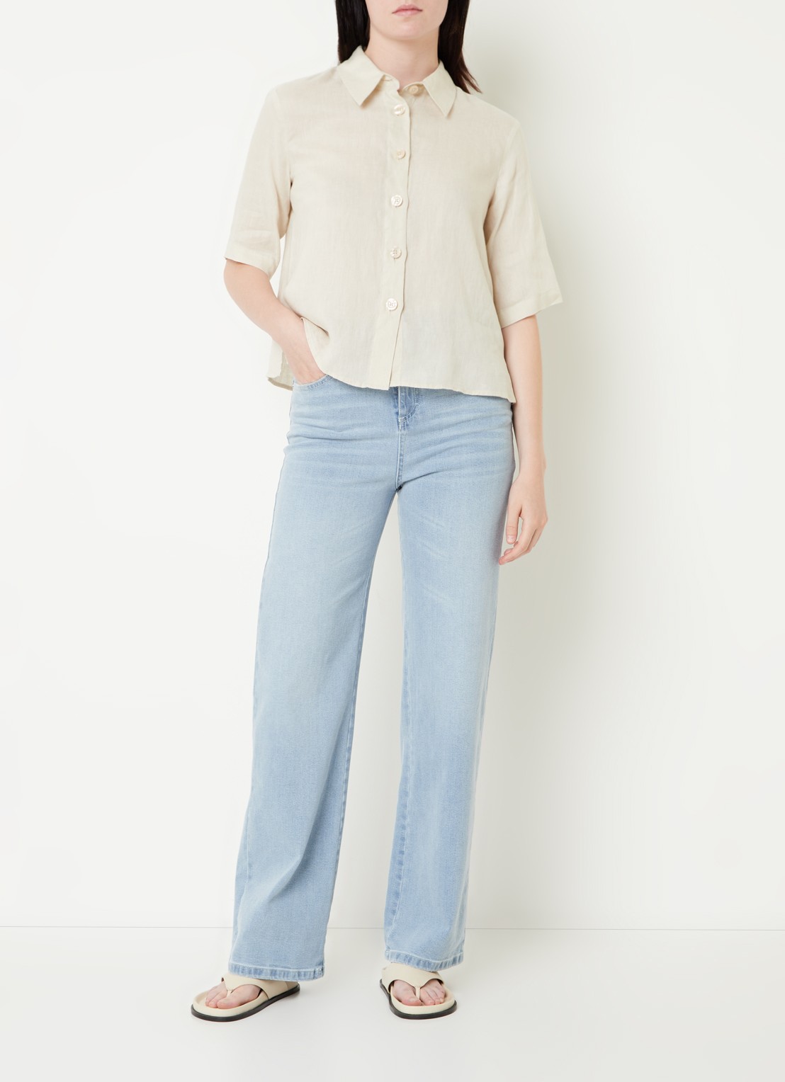 Benetton Blouse van linnen met halflange mouw - voorkant 2 zand