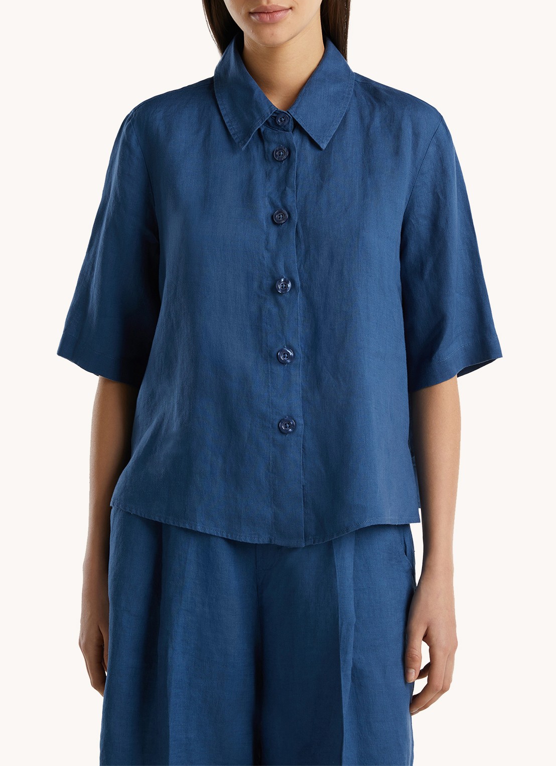 Benetton Blouse van linnen met halflange mouw - detail 5 kobaltblauw