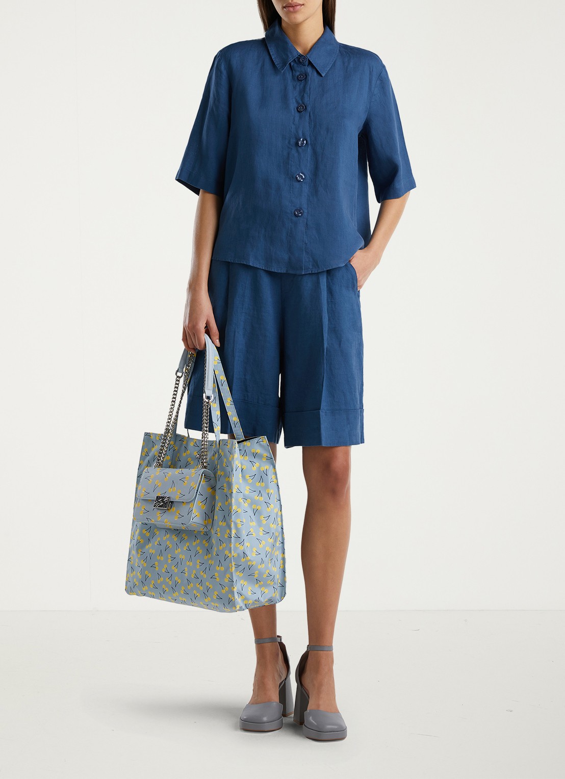 Benetton Blouse van linnen met halflange mouw - voorkant 3 kobaltblauw