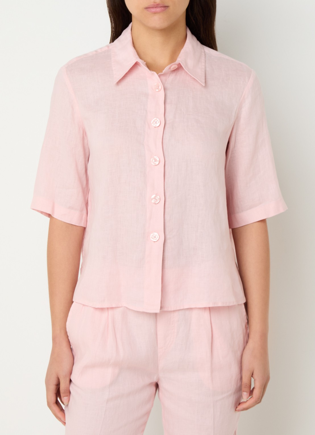 Benetton Blouse van linnen met halflange mouw - detail 4 zalmroze
