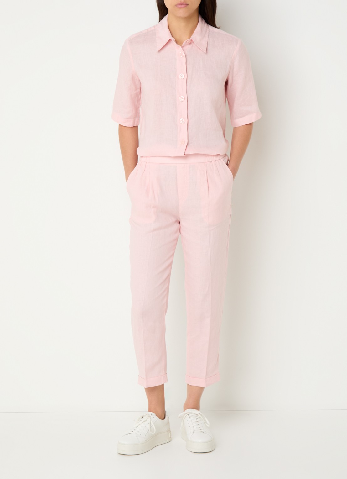 Benetton Blouse van linnen met halflange mouw - voorkant 3 zalmroze