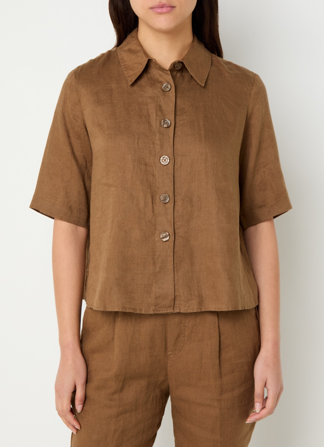 Benetton Blouse van linnen met halflange mouw - detail 4 cognac