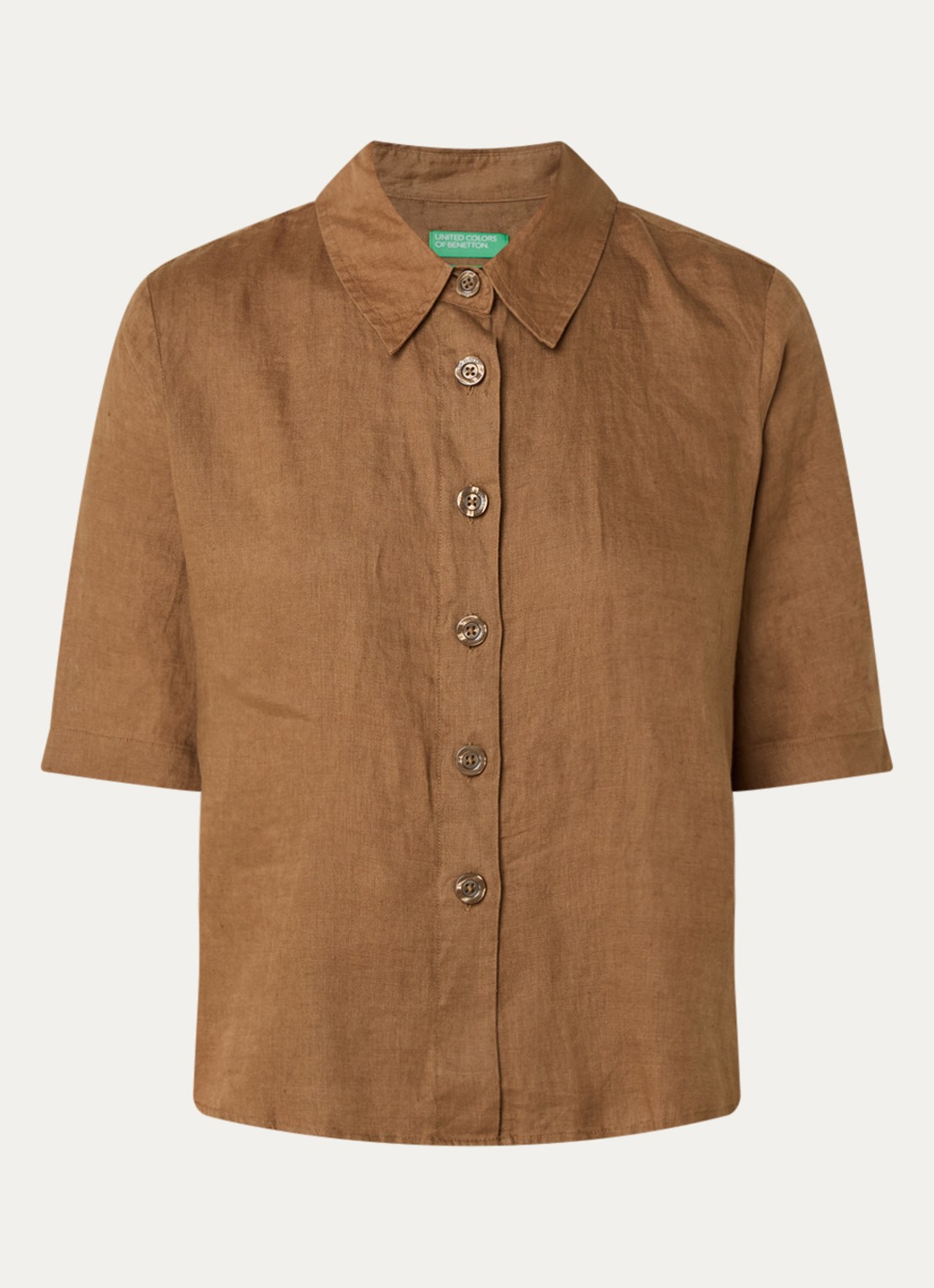 Benetton Blouse van linnen met halflange mouw - voorkant cognac