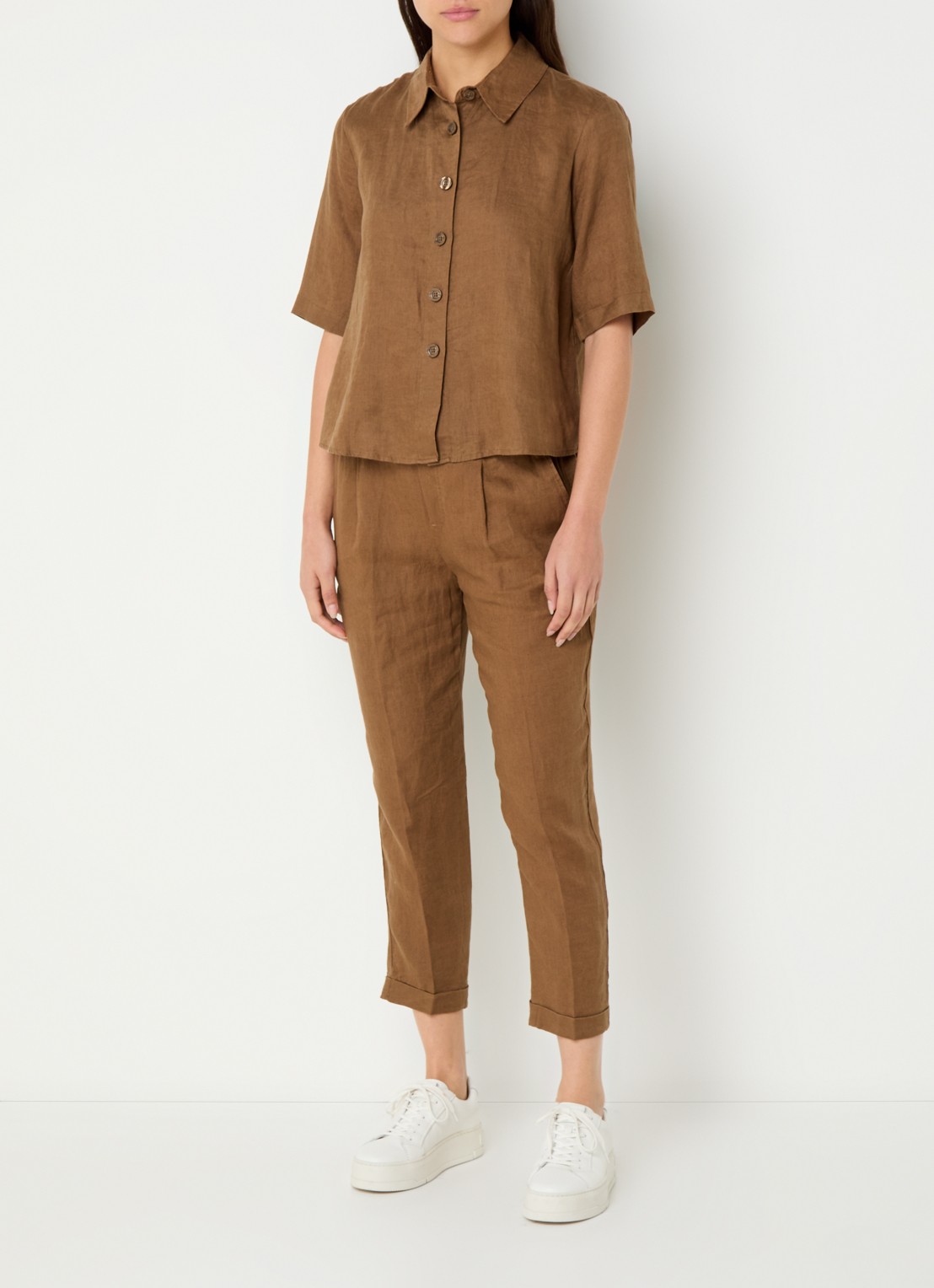 Benetton Blouse van linnen met halflange mouw - voorkant 2 cognac