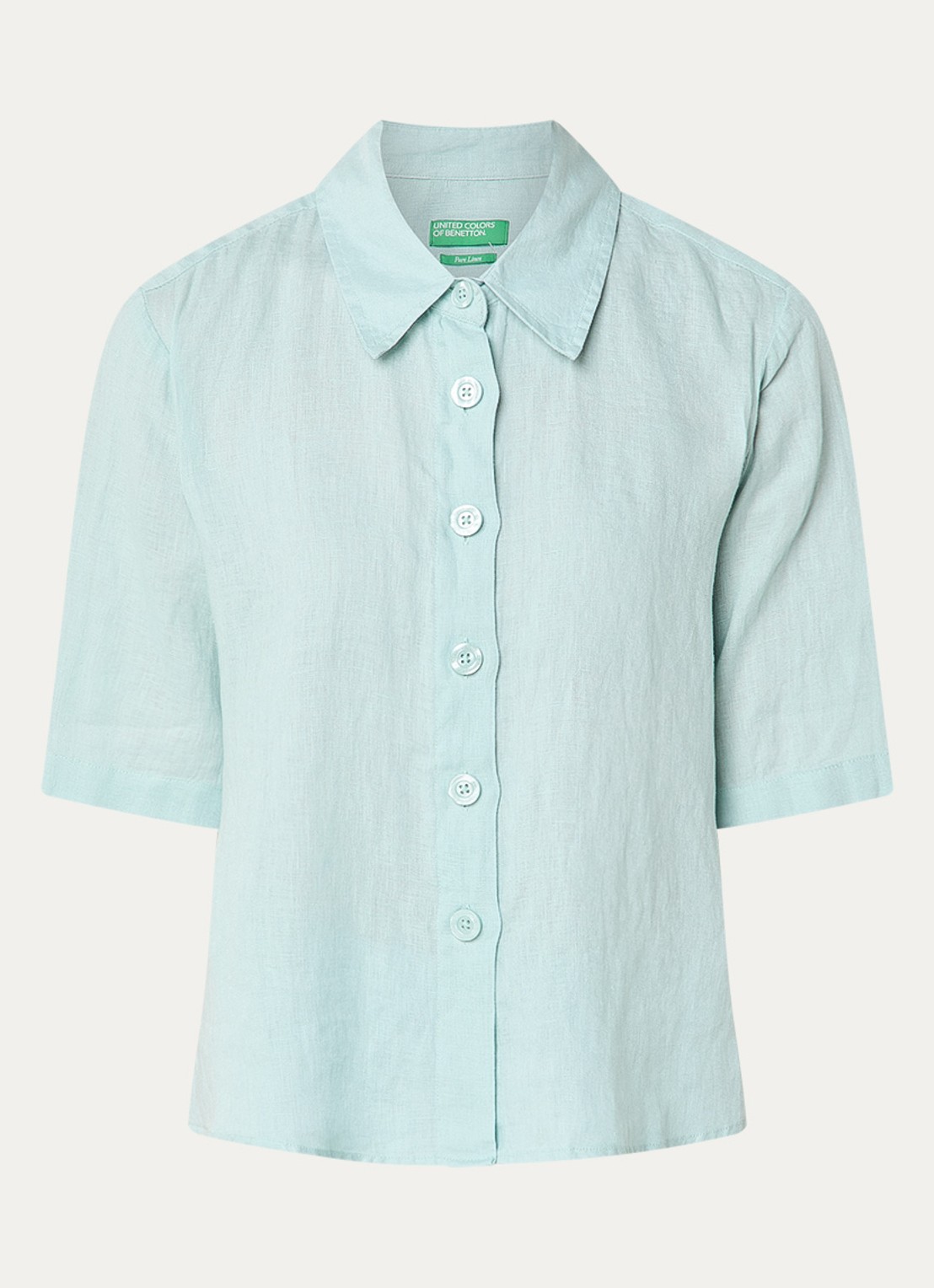Benetton Blouse van linnen met halflange mouw - voorkant 3 turquoise