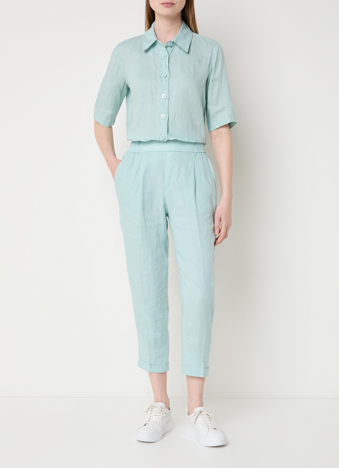 Benetton Blouse van linnen met halflange mouw - voorkant 4 turquoise