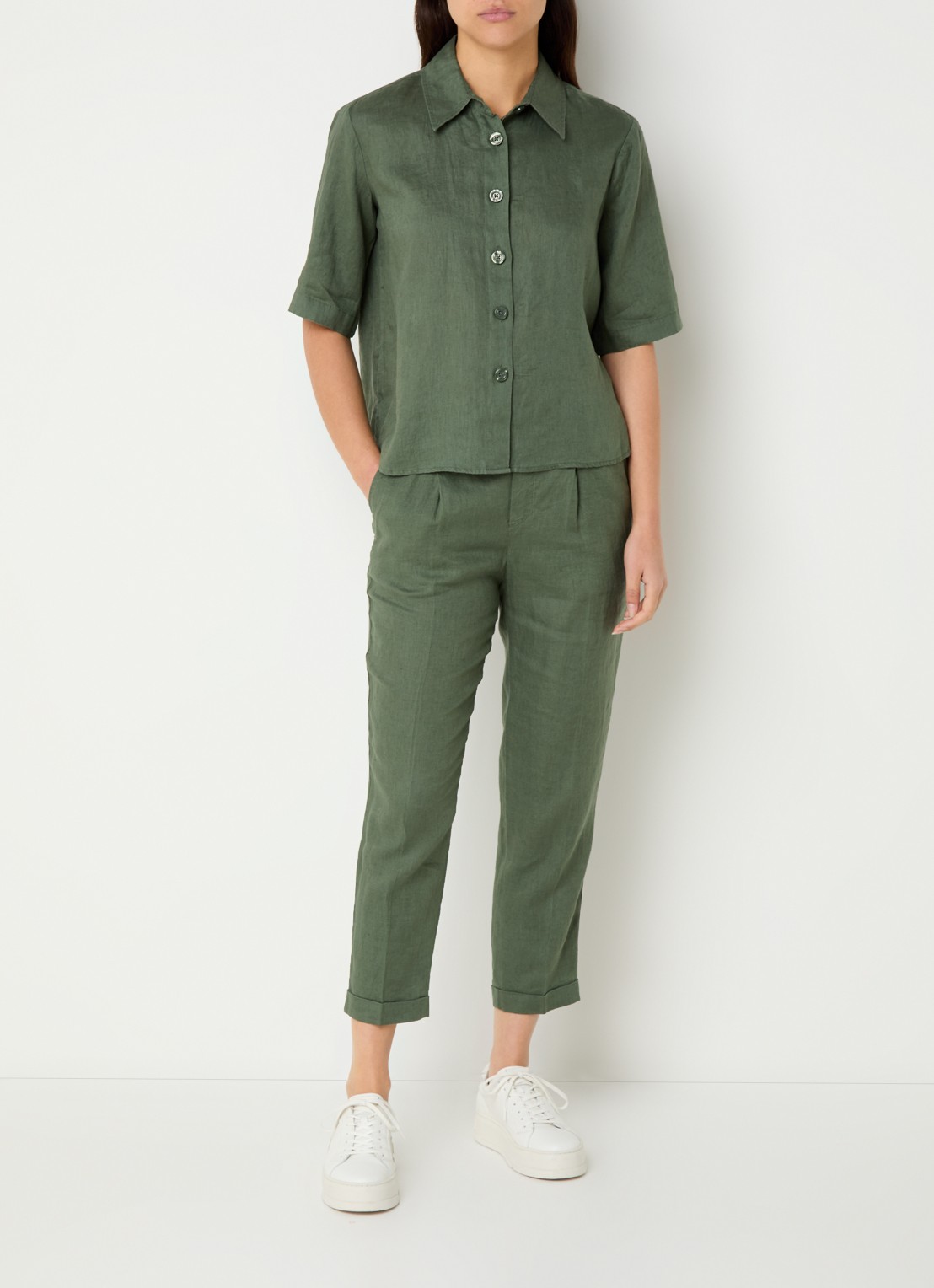 Benetton Blouse van linnen met halflange mouw - voorkant 3 groen