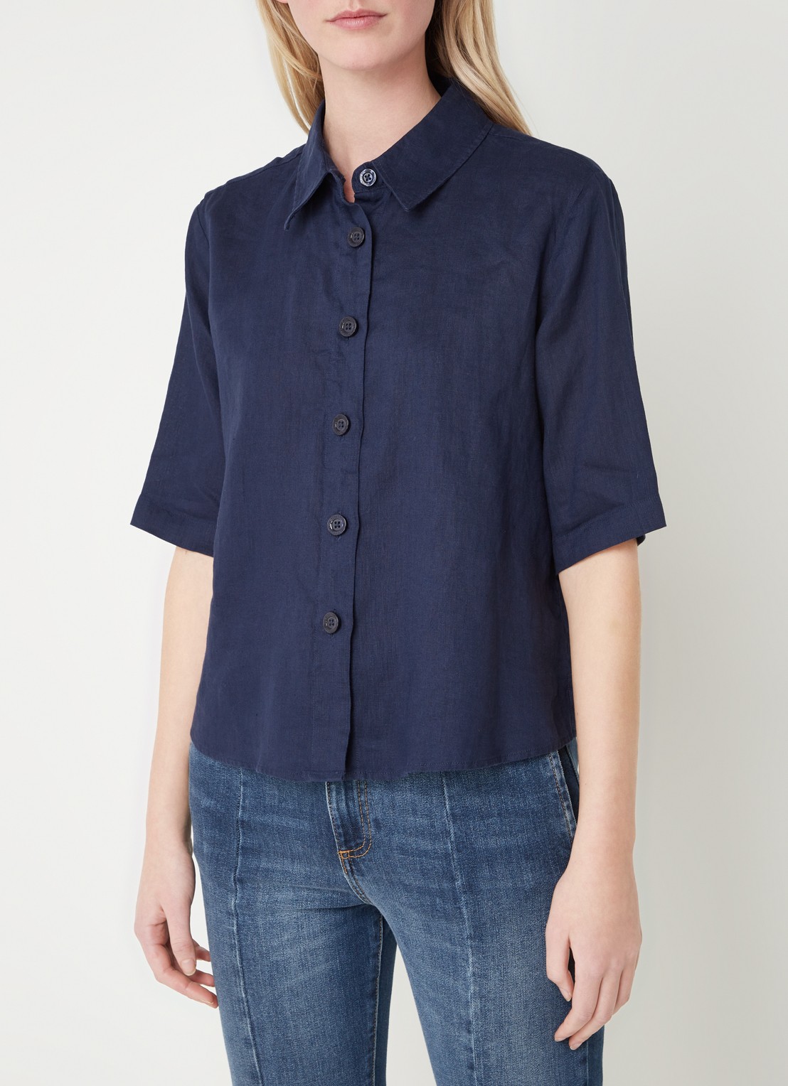 Benetton Blouse van linnen met halflange mouw - detail 4 donkerblauw