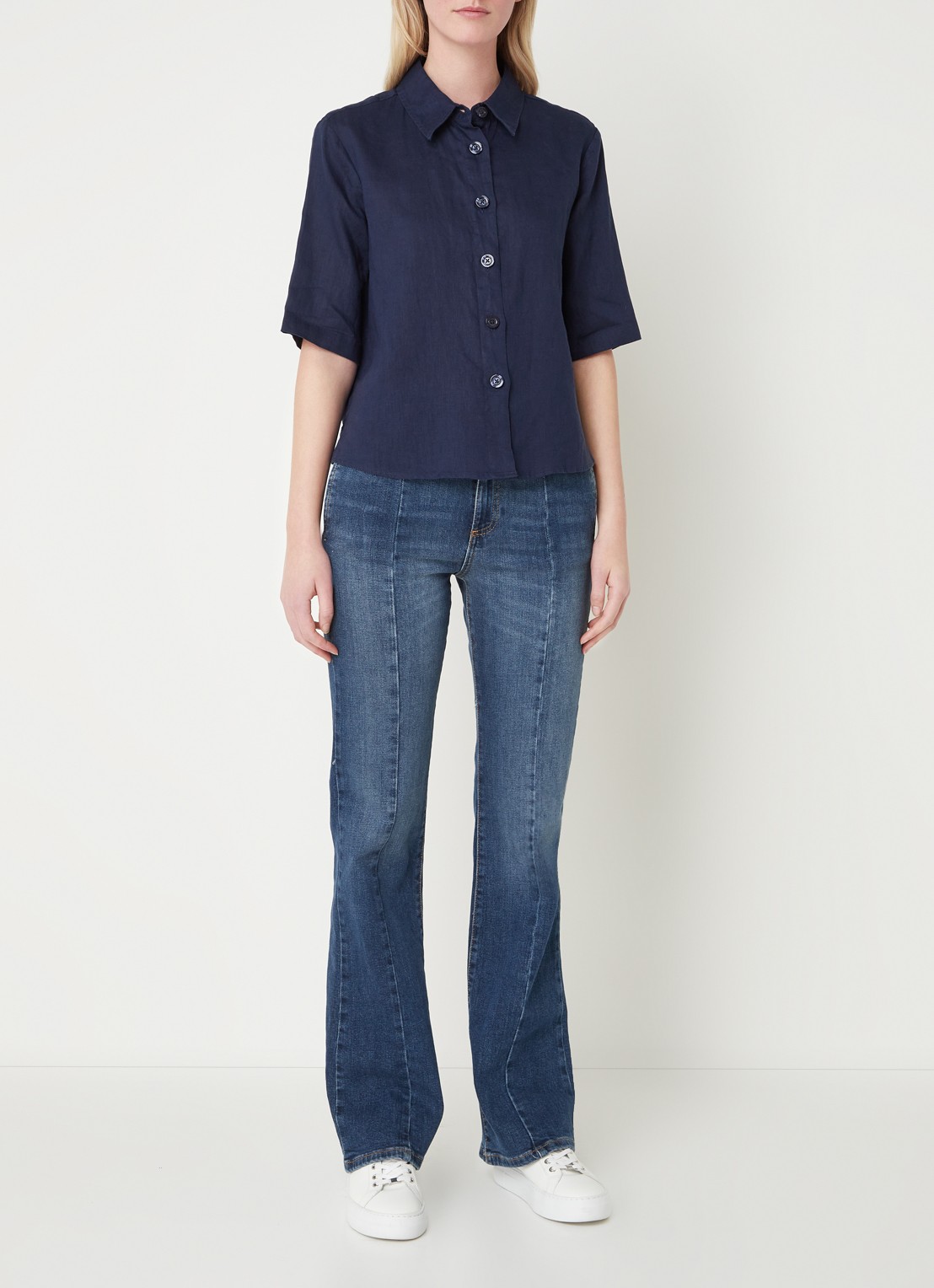Benetton Blouse van linnen met halflange mouw - voorkant 3 donkerblauw