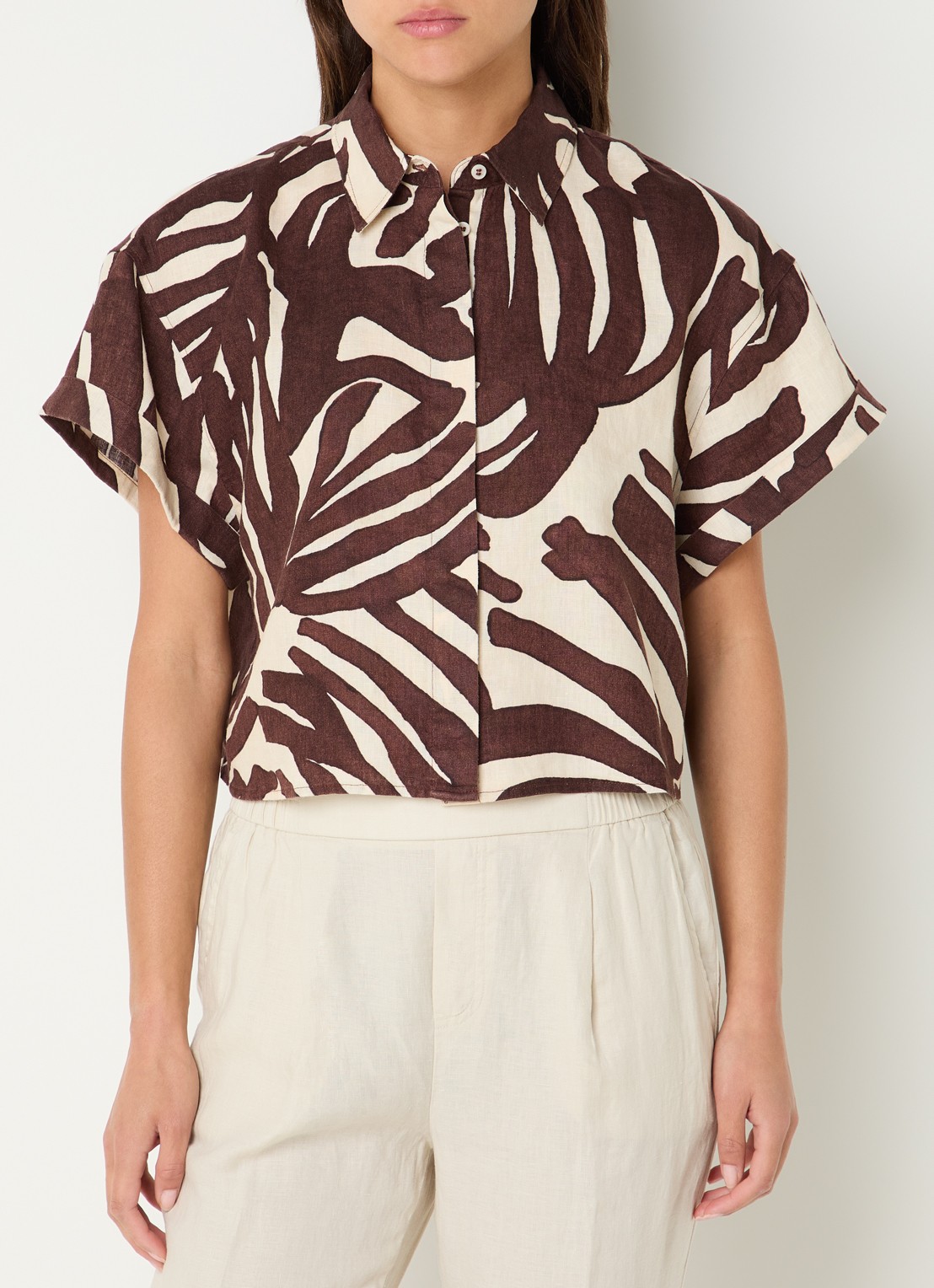 Benetton Blouse van linnen met print - detail bruin