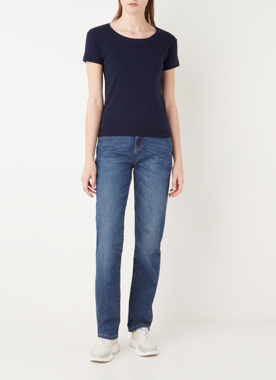 Benetton Fijngebreid T-shirt met ronde hals - voorkant 6 donkerblauw