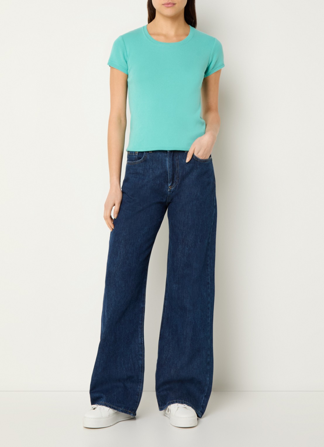 Benetton Fijngebreid T-shirt met ronde hals - voorkant 2 turquoise