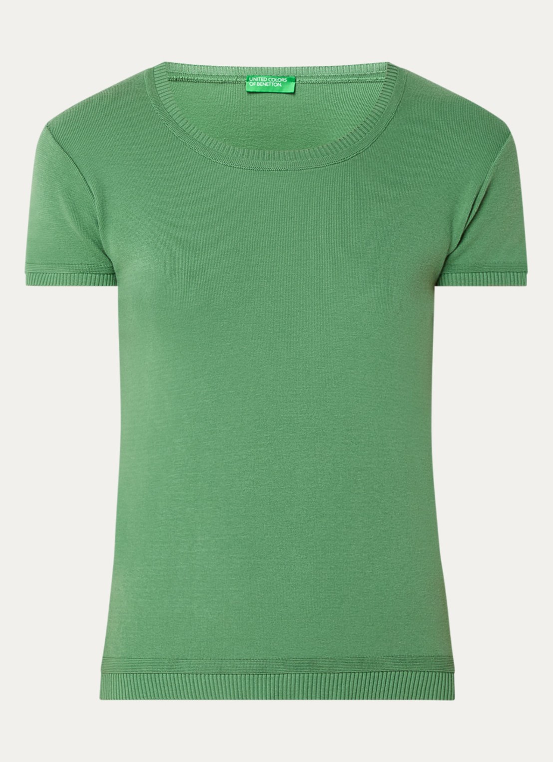 Benetton Fijngebreid T-shirt met ronde hals - voorkant 2 olijfgroen